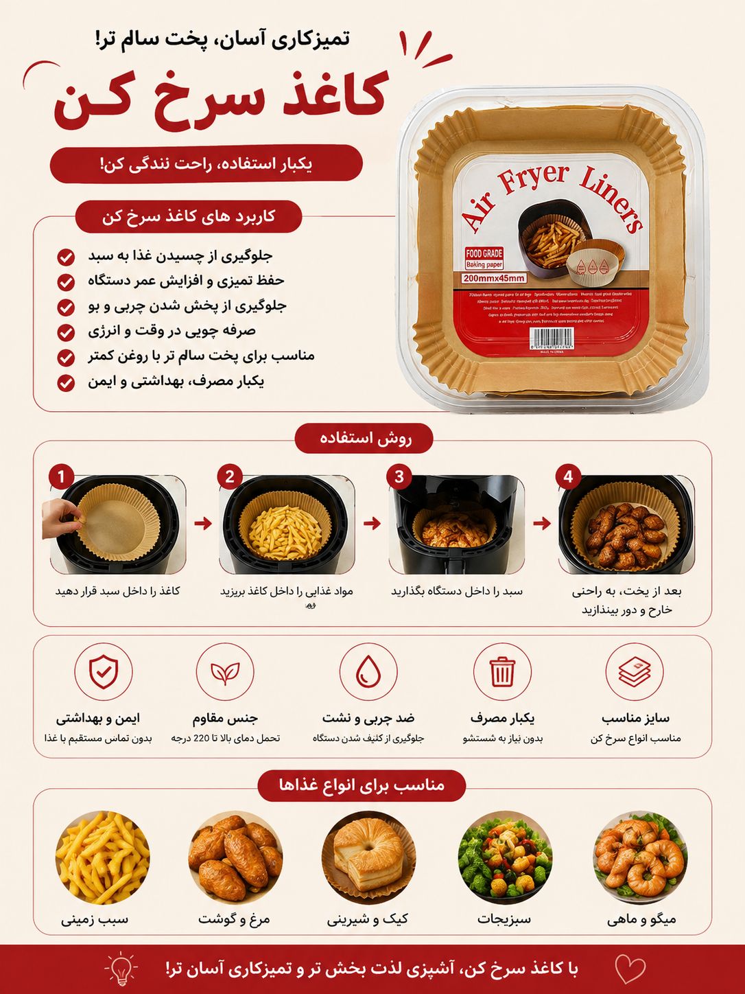 کاغذ سرخ‌کن ۵۰ عددی | ضد چسبندگی و مقاوم در برابر حرارت برای ایرفرایر